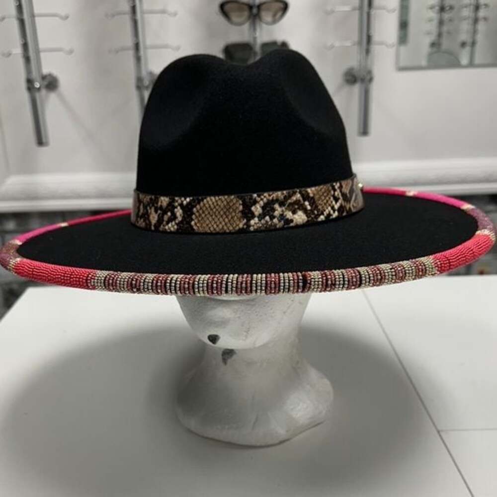 Black and Pink Wide-Brim Hat with Snake Print Band